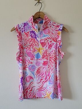 G Lifestyle Pink White Beach Print Ruffle Sleeveless 1/4 Zip Size Large